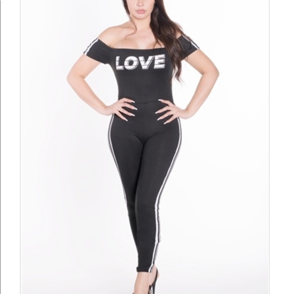 Off the shoulder black bodycon striped jumpsuit - Picture 7 of 9